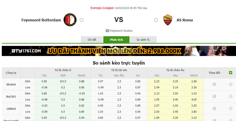 Nhận định soi kèo châu Á - Feyenoord vs AS Roma Nhận định soi kèo châu Á - Feyenoord vs AS Roma