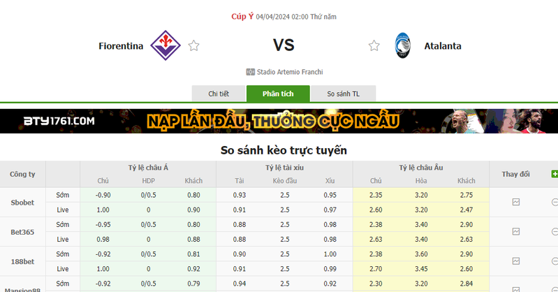 Nhận định soi kèo châu Á - Fiorentina vs Atalanta Nhận định soi kèo châu Á - Fiorentina vs Atalanta
